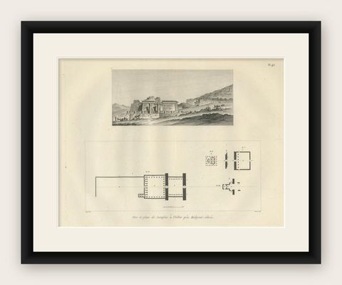 Temple Ruins at Thebes with Architectural Plan, Egypt, Antique Engraving, c.1802, shown framed