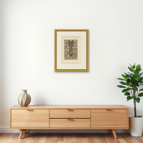 Pl. 77 Antique Print of 17th Century Ornaments by Racinet, 'circa 1890', shown framed on a wall, true to size