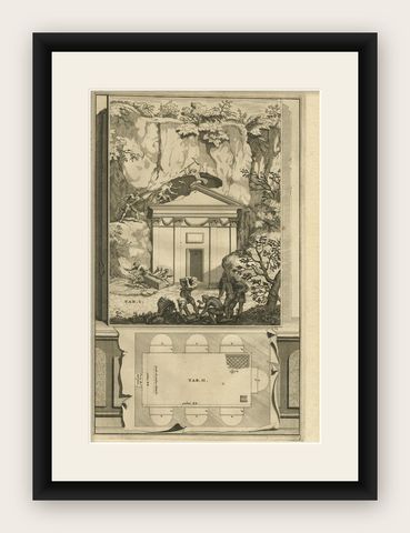 Antique Print of An Ancient Roman Tomb and a Floor Plan in Rome, Italy, 1704, shown framed