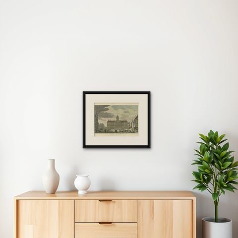 Hand-Colored 1765 Engraving of Amsterdam Royal Palace and Dam Square, 1765, shown framed on a wall, true to size