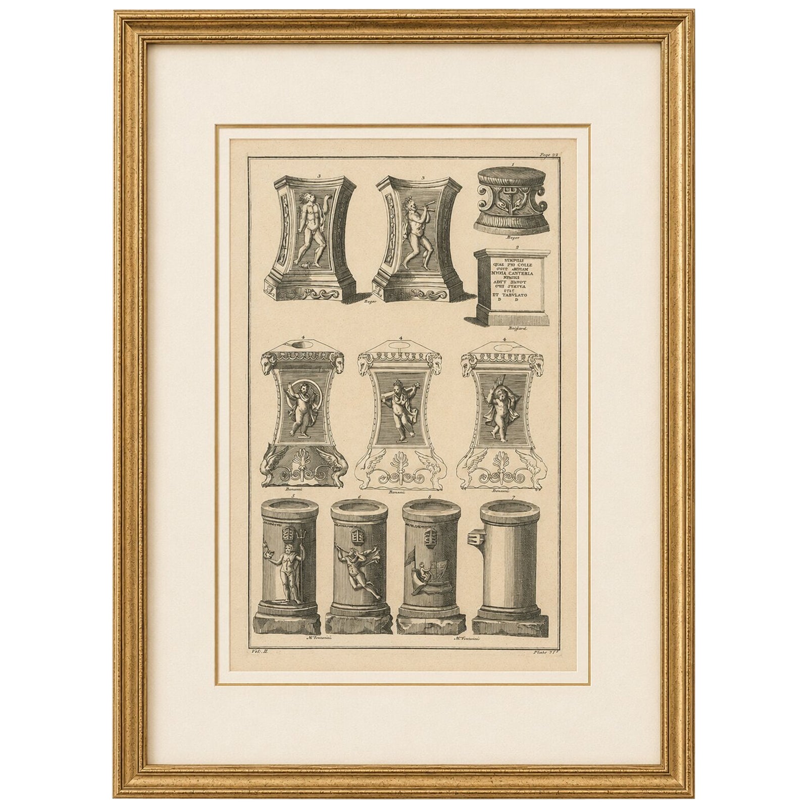 Classical Roman Altars & Antiquities Engraving, Montfaucon 1721