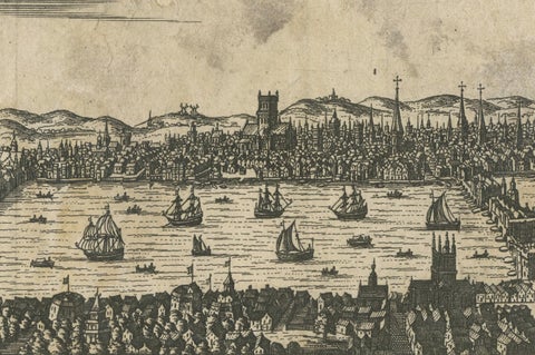Antique Woodcut View of London, Thames River Panorama with London Bridge, c1650, close-up 2