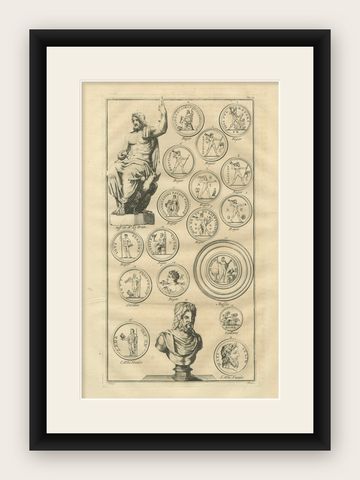 Jupiter and Roman Coin Types, Antique Classical Engraving, Montfaucon, 1721, shown framed