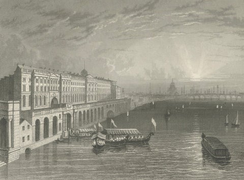 Thames Embankment and the Grandeur of Somerset House: A Steel Engraving, 1835, close-up 1