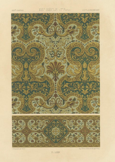 17th Century Baroque Ornament Print, Rich Gold and Green Decorative Motif, close-up 6