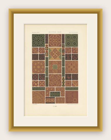 Pl. 46 Antique Print of Middle Ages Ornaments by Racinet, circa 1890, shown framed