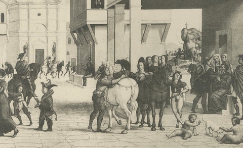 Italian Renaissance Street Scenes, Set of 2 Decorative Engravings, ca.1880, close-up 4