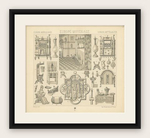 Pl 9 Antique Print of European Decorative Objects by Racinet, 'circa 1880', shown framed