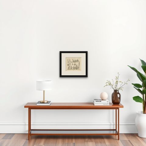 Pl. 8 Antique Print of European Decorative Objects by Racinet, circa 1880, shown framed on a wall, true to size