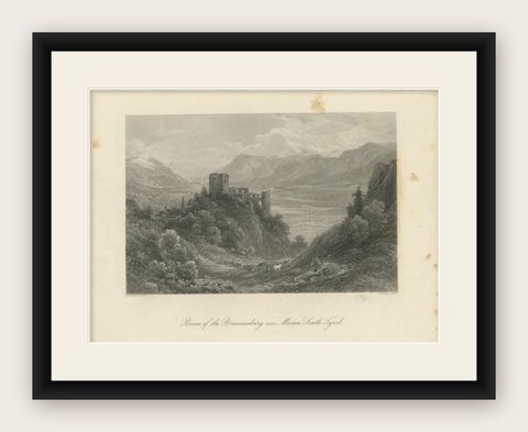 Antique Print of the Ruins of Brunnenburg South Tyrol, in Northern Italy, c.1876, shown framed