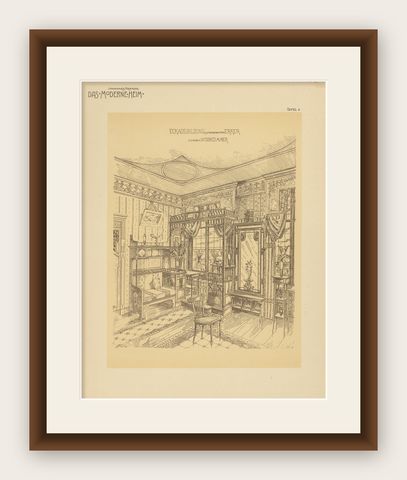 Pl. 4 Antique Print of a Living Room with Bay Window by Kramer, circa 1910, shown framed