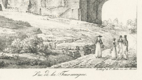 Roman Tower Ruins at Nîmes, Tour Magne Landscape Lithograph, France c.1818, close-up 5