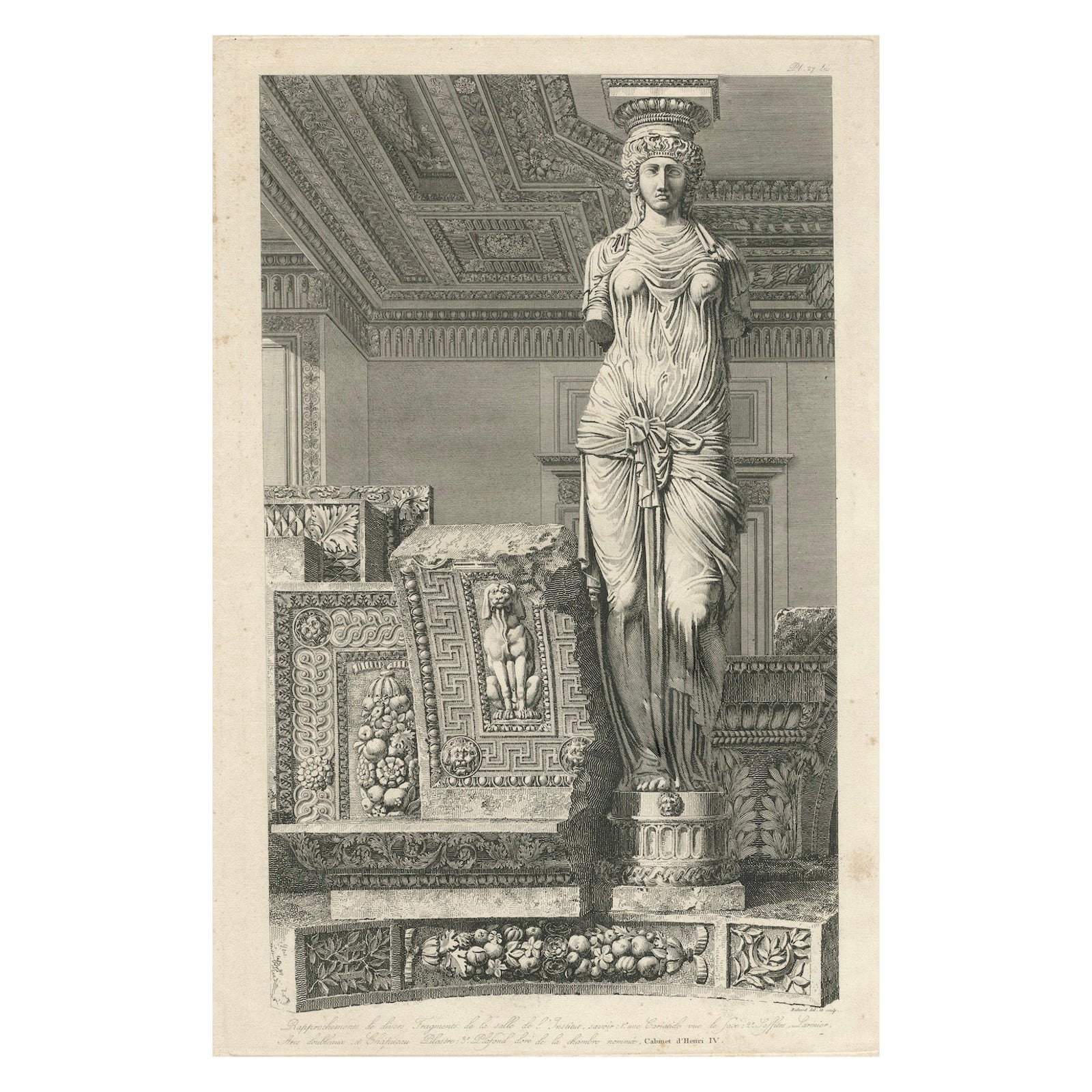Architectural Engraving of a Caryatid, Cabinet d'Henri IV, by Baltard, ca.1800