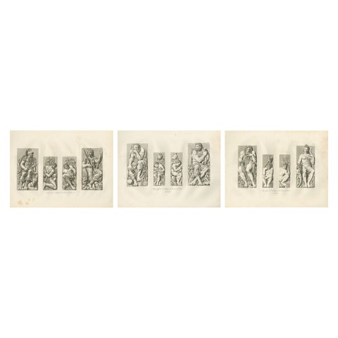 Antique French Architectural Sculpture Engravings Set of 3, Louvre Reliefs. 1803