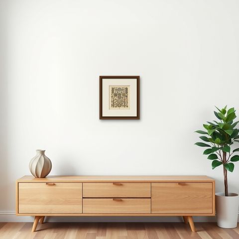 Pl. 113 Antique Print of French 18th Century Decorative Objects by Racinet, shown framed on a wall, true to size