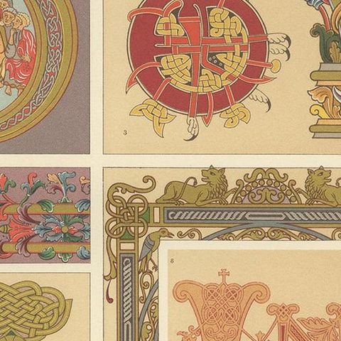 Decorative Antique Print of Manuscripts Decoration, Anglo-Saxon, circa 1890, close-up 1