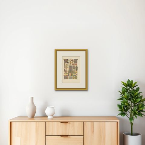 Pl. 39 Antique Print of Celtic Ornaments by Racinet (c.1890), shown framed on a wall, true to size