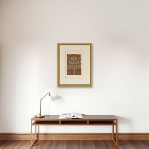 Pl. 37 Antique Print of Middles Ages Ornaments by Racinet, circa 1890, shown framed on a wall, true to size