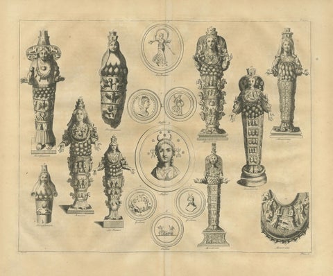Antique Roman Ephesian Artemis Statues, Montfaucon Classical Engraving 1721, close-up 1
