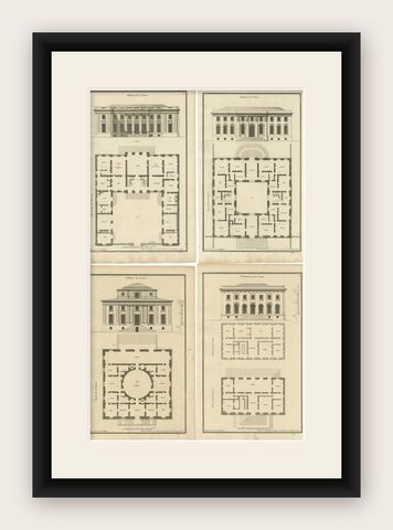 Set of Four Antique Archicture Prints of Various Building Plans and Facades, shown framed