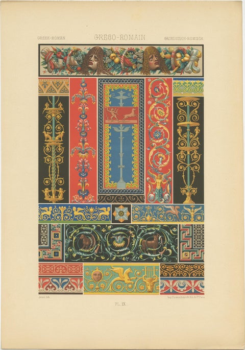 Pl. 9 Antique Print of Greek-Roman Ornaments by Racinet, circa 1890, view 2