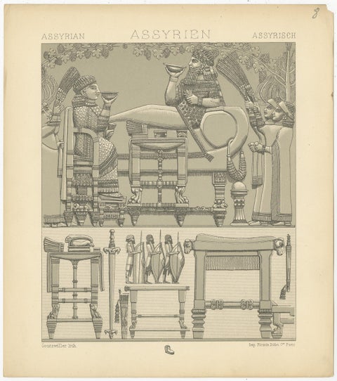 Antique Print of Assyrian Furniture by Racinet, circa 1880, view 2