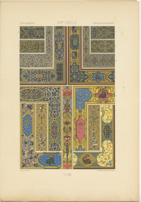 Pl. 70 Antique Print of XVIth Century Ornaments by Racinet, circa 1890, view 4