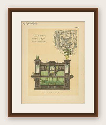 Pl. 28 Antique Print of Sofa Furniture for a Dining Room by Kramer, circa 1910, shown framed