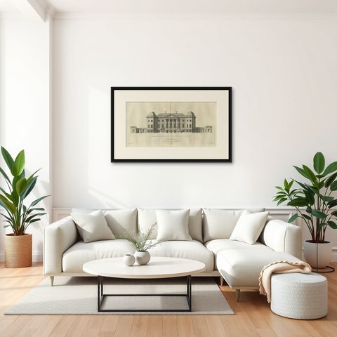 Old Engraving of Foremarke Hall, a Manor House in Derbyshire, England, ca.1770, shown framed in a room, true to size