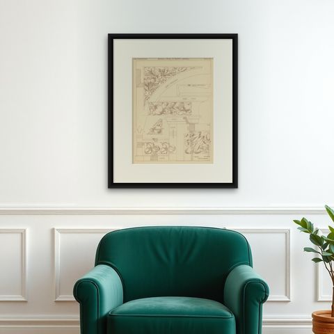 Pl. 74 Antique Print of Furniture Details by Kramer, circa 1910, shown framed on a wall, true to size