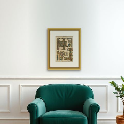 Celtic Manuscript Illumination Print by H. Dolmetsch, Germany ca. 1887, shown framed on a wall, true to size
