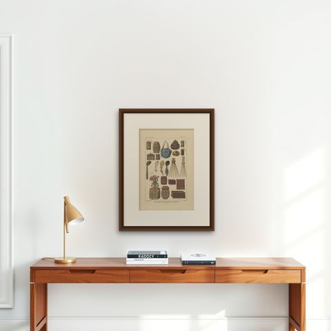 Antique Print with Various Furniture of Timor ‘Indonesia’, Temminck, circa 1840, shown framed on a wall, true to size
