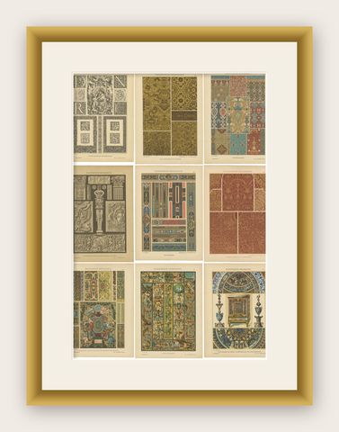 Compilation of German Renaissance Artwork from Der Ornamentenschatz, 1887, shown framed