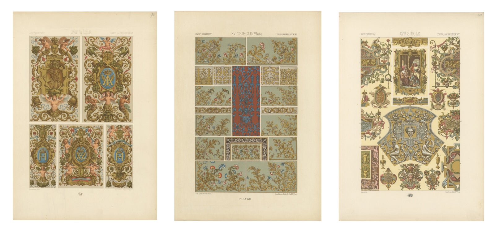 Three Original Renaissance Ornament Plates by Albert Racinet, 1873