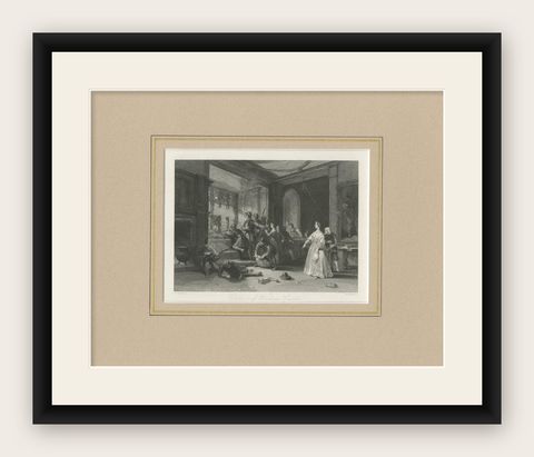 Antique Print of the Defence of Wardour Castle by Simmonds, 1841, shown framed