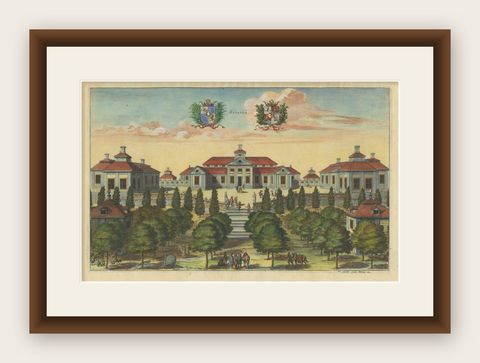 Baroque Splendor: The Östanå Manor in Gränna, 1692 Swidde Engraving, shown framed