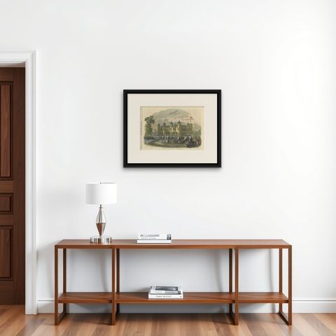 The Government House in Perth, Western Australia, Illustrated London News, 1864, shown framed on a wall, true to size