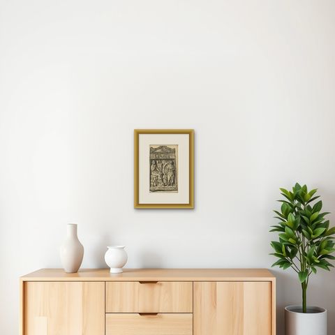 Antique Print of a Tombstone in Smyrna by De Bruyn, 1698, shown framed on a wall, true to size