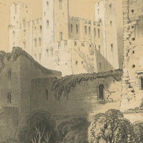 Old Print of an Idyllic Scene at the Historic Ruins of Rochester Castle, England, close-up 5