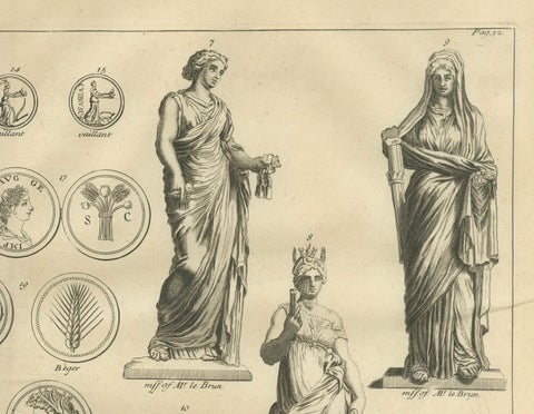 Roman Female Statues and Medallions, Montfaucon Antiquarian Engraving, 1721, close-up 3