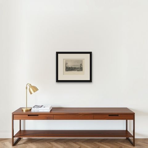 Antique Print of the Terrace of Château Wolfsberg, Switzerland, 1836, shown framed on a wall, true to size