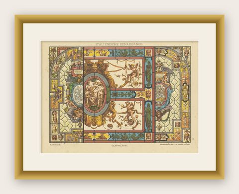 Italian Renaissance Stained Glass Artwork from Ornamentenschatz, 1887, shown framed