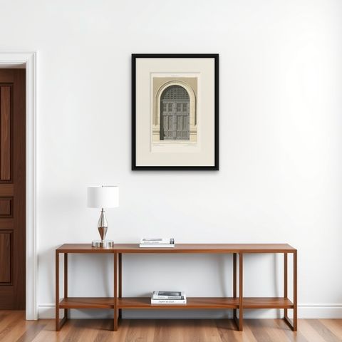 Architecture Print of the Palace of Justice in Paris by Delarue, circa 1880, shown framed on a wall, true to size