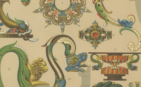 Baroque Ornament Details, 16th & 17th Century Design Elements, Plate LXII, 1869, close-up 5