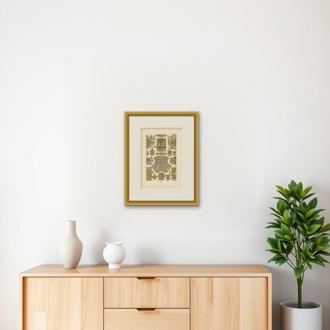 Antique Print of 16th Century Frames and Ornaments by Racinet circa 1890, shown framed on a wall, true to size