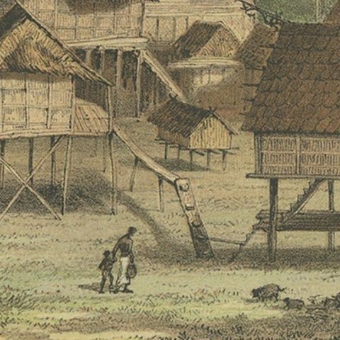 Old Print of Houses of Longwai, West Kutai Regency, East Kalimantan, Indonesia, close-up 2