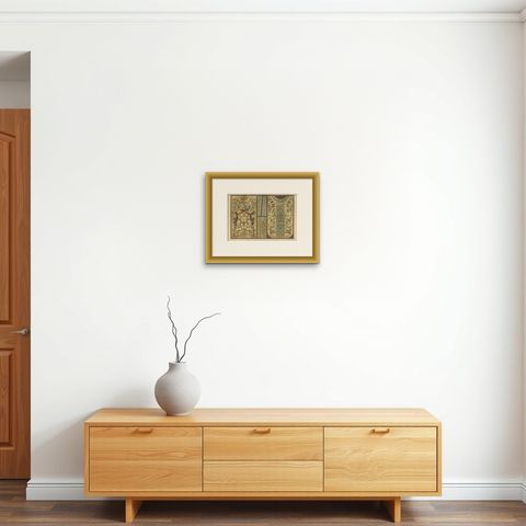 17th and 18th Century Ornamental Arts Print, Embroidery and Giltwork, 1887, shown framed on a wall, true to size