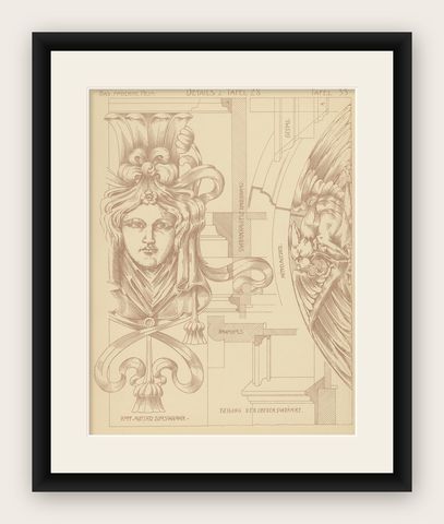 Pl. 35 Antique Print of Furniture Details by Kramer 'circa 1910', shown framed