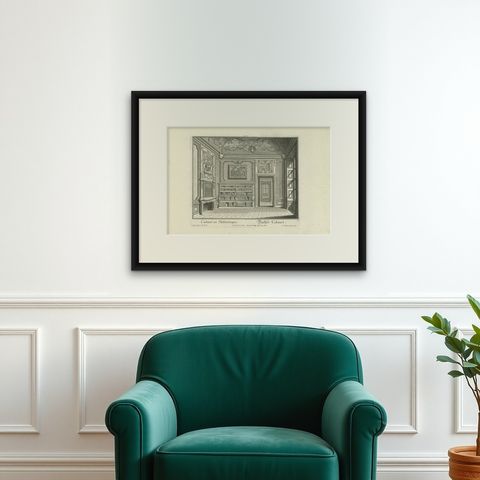 Decorative Antique Print of a Book Cabinet and Library by Wolff, ca.1737, shown framed on a wall, true to size