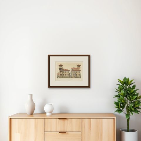 Architectural Print of Villa Boulevard de Boulogne in France, Chabat, c.1900, shown framed on a wall, true to size